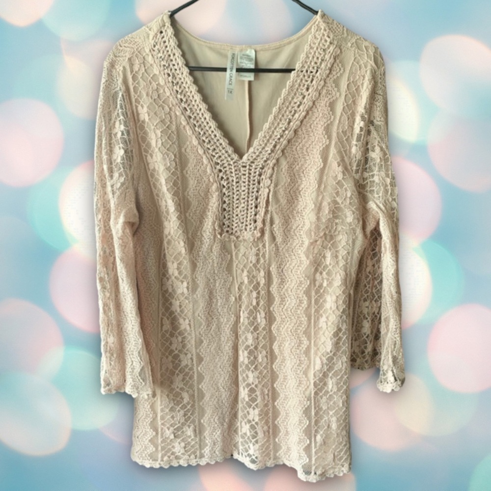 Women’s Crochet Lace 3/4 Sleeve Boho Blouse Shirt Top Size L